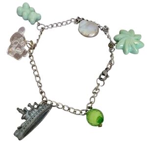 Charm Bracelet – Teal Bear, Mother of Pearl, Monopoly Ship & Disco Ball Accents